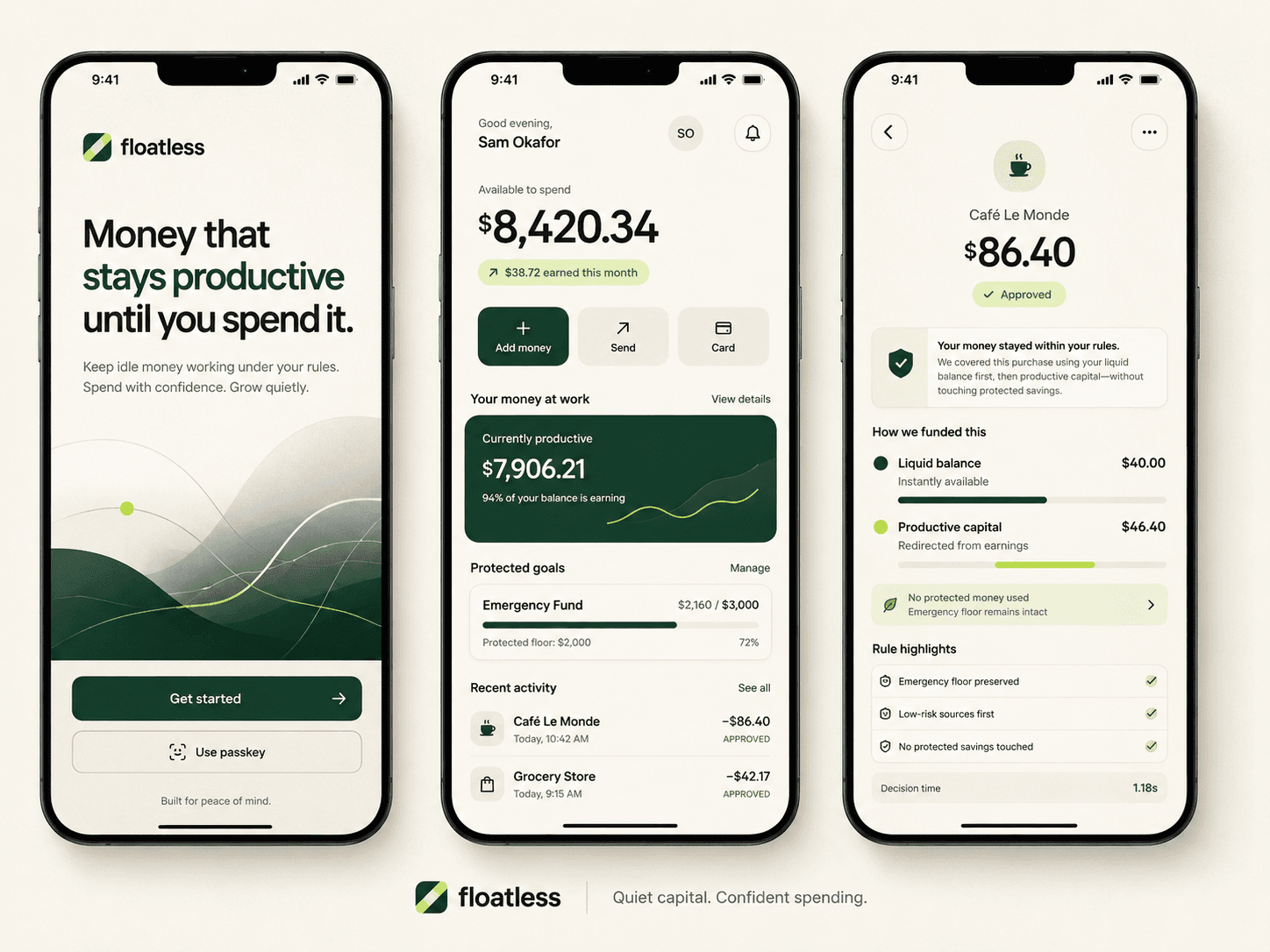 Three Floatless mobile app screens: onboarding, account overview, and approved payment